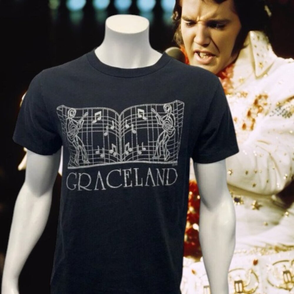 Vintage 90s Graceland Elvis Presley Black Silver Glitter T Shirt Single Stitch M